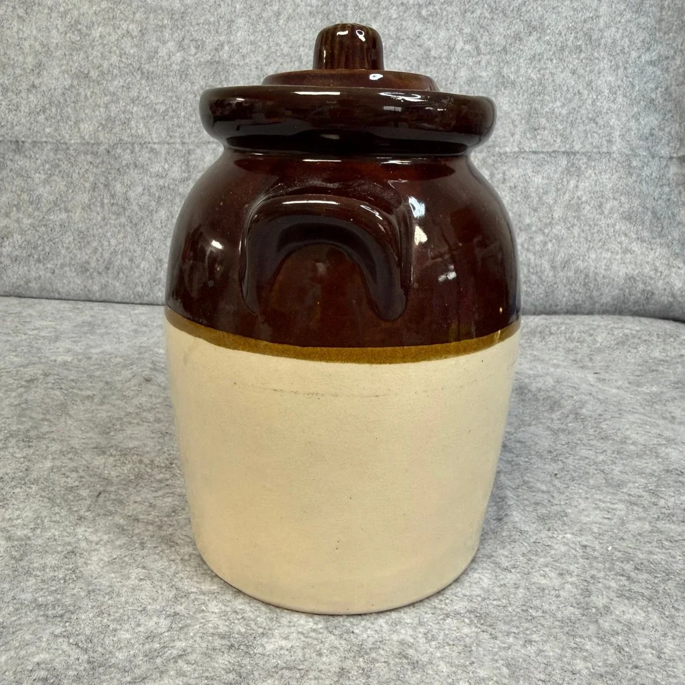 Vintage Two Tone Brown and Cream Stoneware Bean Pot Crock with Lid and Handles